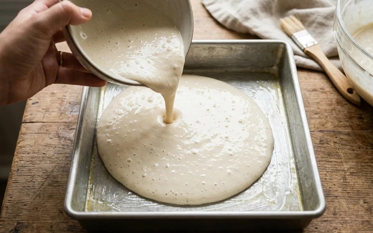 Step 5: Grease a shallow cake pan and pour the batter in.