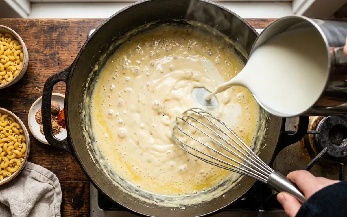 Step 5: Slowly pour in the milk while whisking constantly to prevent