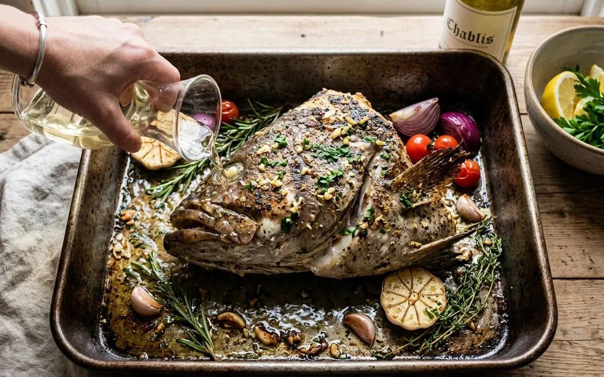 Step 6: Pour the white wine into the bottom of the pan.