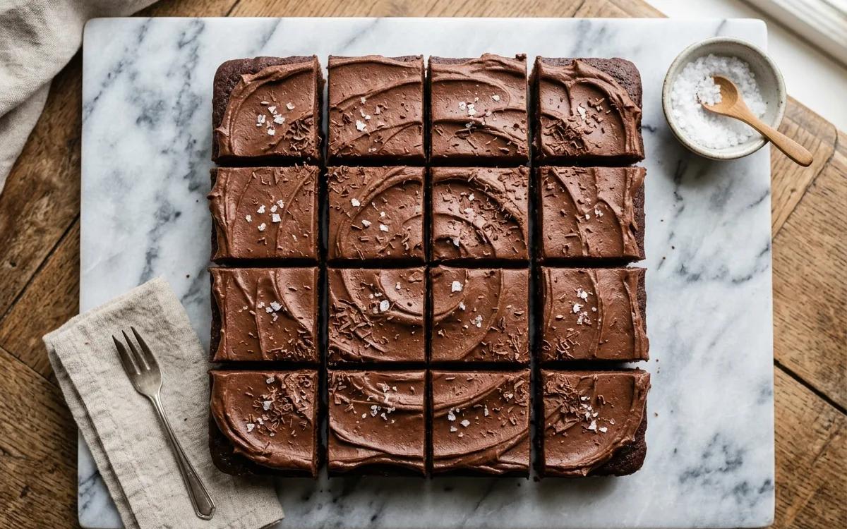 Rich chocolate butter cream bars cut into squares on a marble surface with a dusting of cocoa powder.