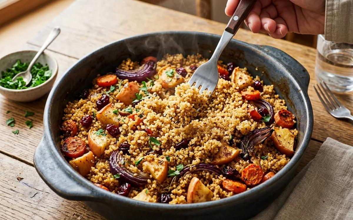 Step 7: Fluff the quinoa with a fork before serving warm.