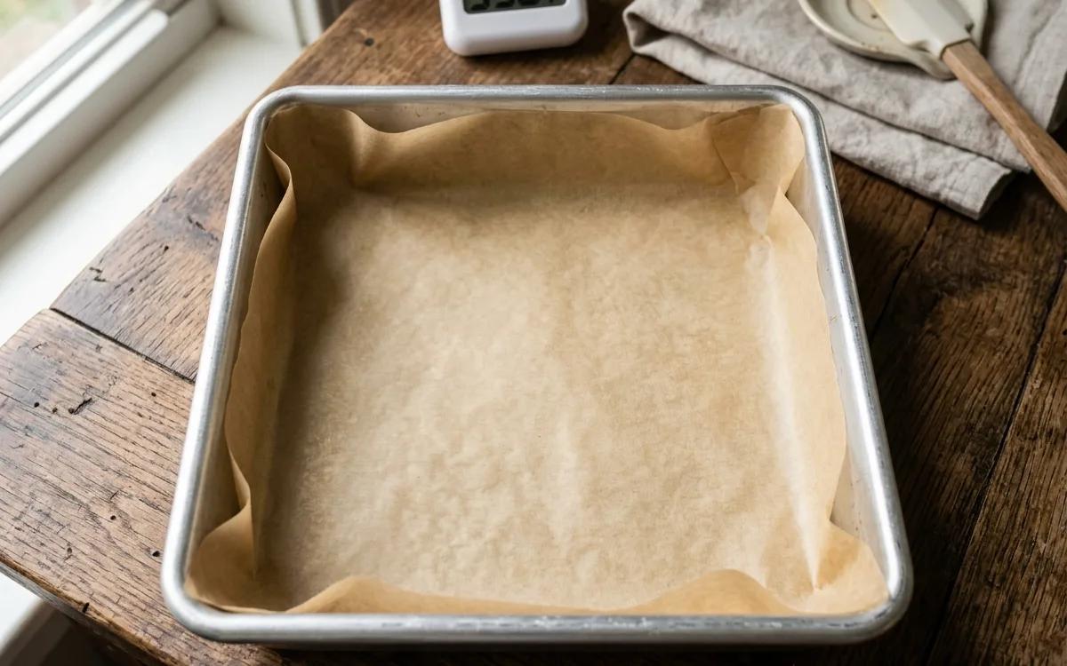 Step 1: Preheat your oven to 350 degrees Fahrenheit and line an 8x8 