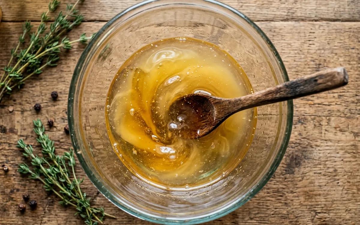Step 1: Combine the white vinegar, honey, and apple juice in a small