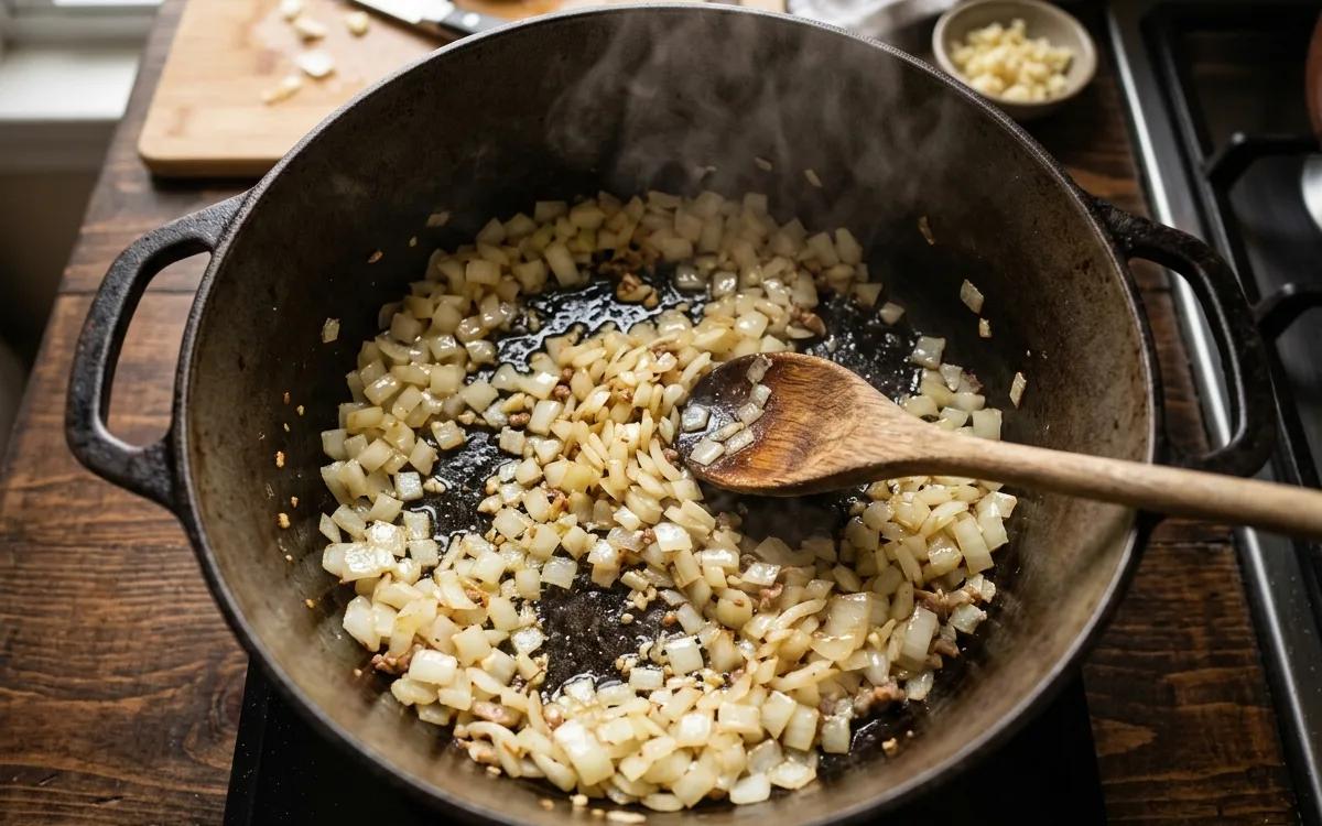 Step 2: Add the diced onions to the pot and sauté until softened, ab