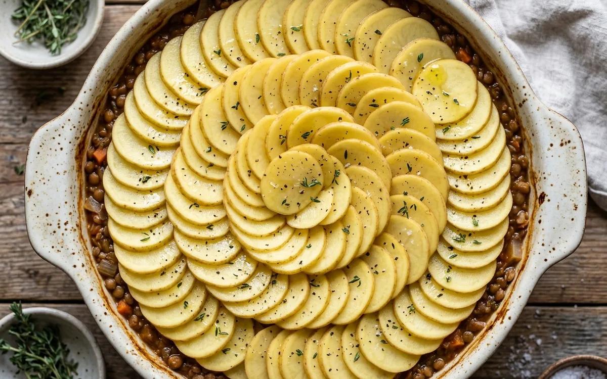 Step 8: Arrange the potato slices in overlapping rows across the top