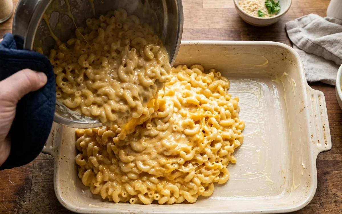Step 10: Pour the mixture into the prepared baking dish.