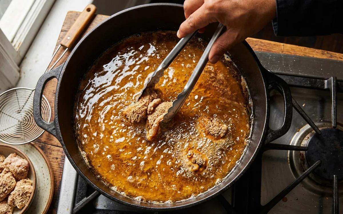 Step 8: Carefully lower the chicken into the hot oil in small batche