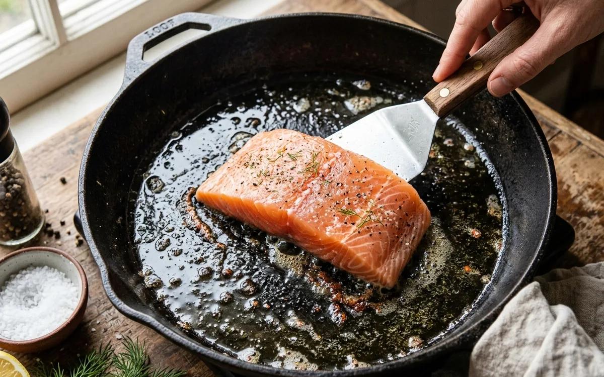 Step 4: Place the salmon in the pan skin-side down and press gently