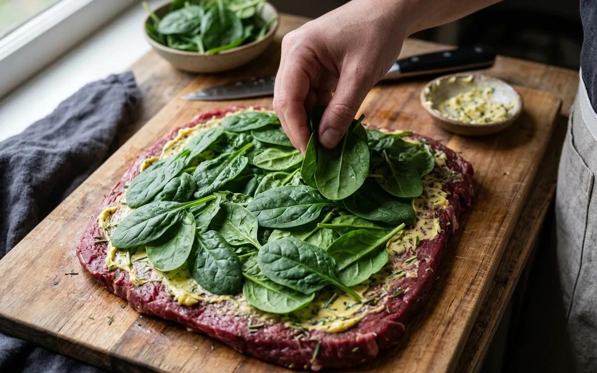 Step 4: Layer the spinach leaves evenly over the butter.