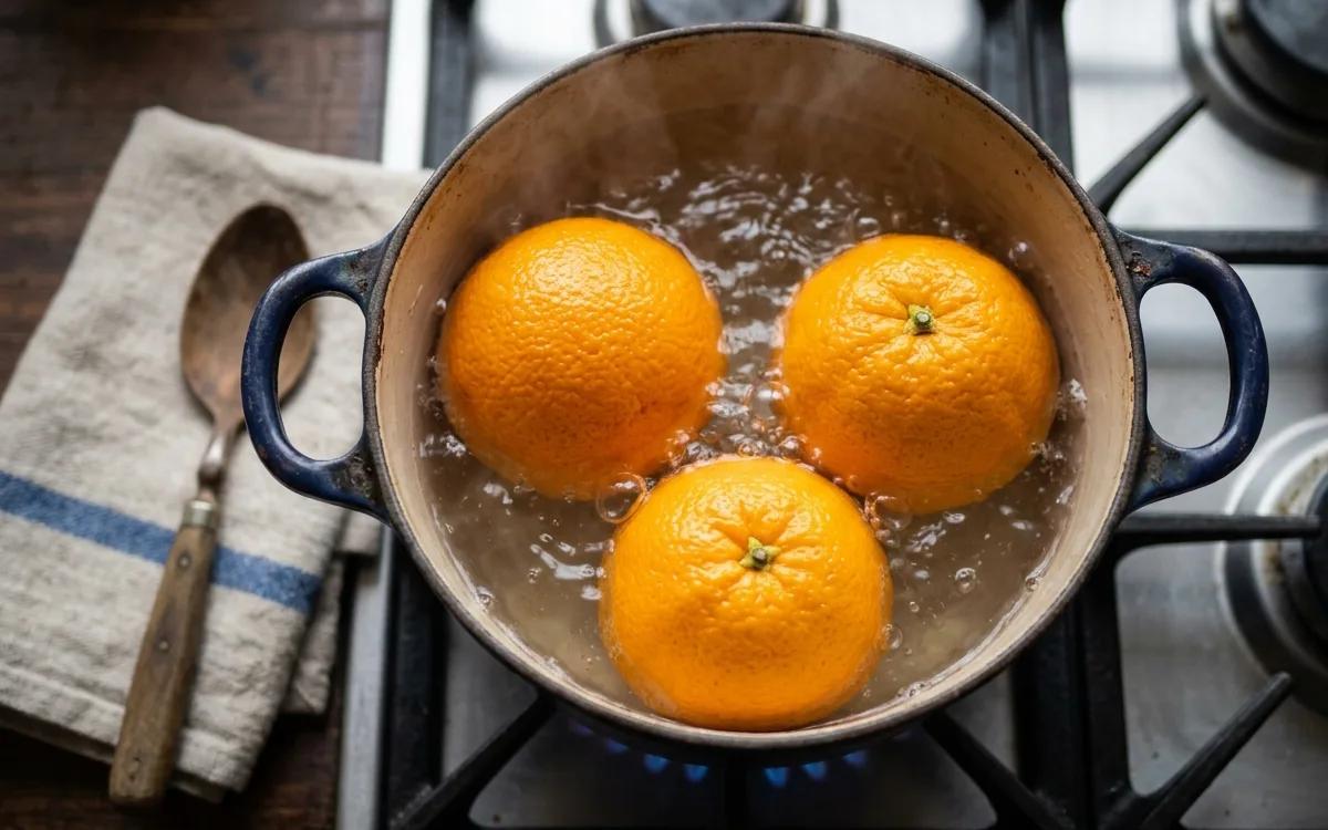 Step 1: Place the whole oranges in a pot of water and boil for one h
