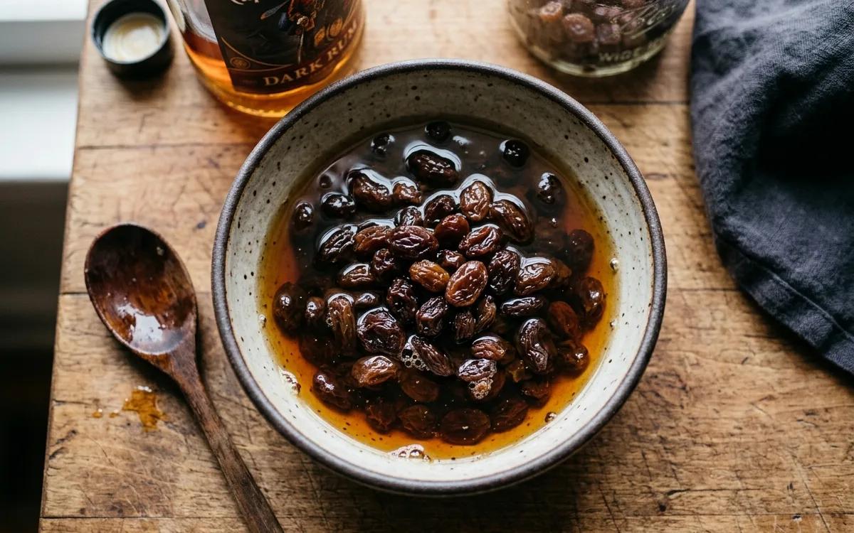 Step 1: Combine the dark rum and raisins in a small bowl and let the