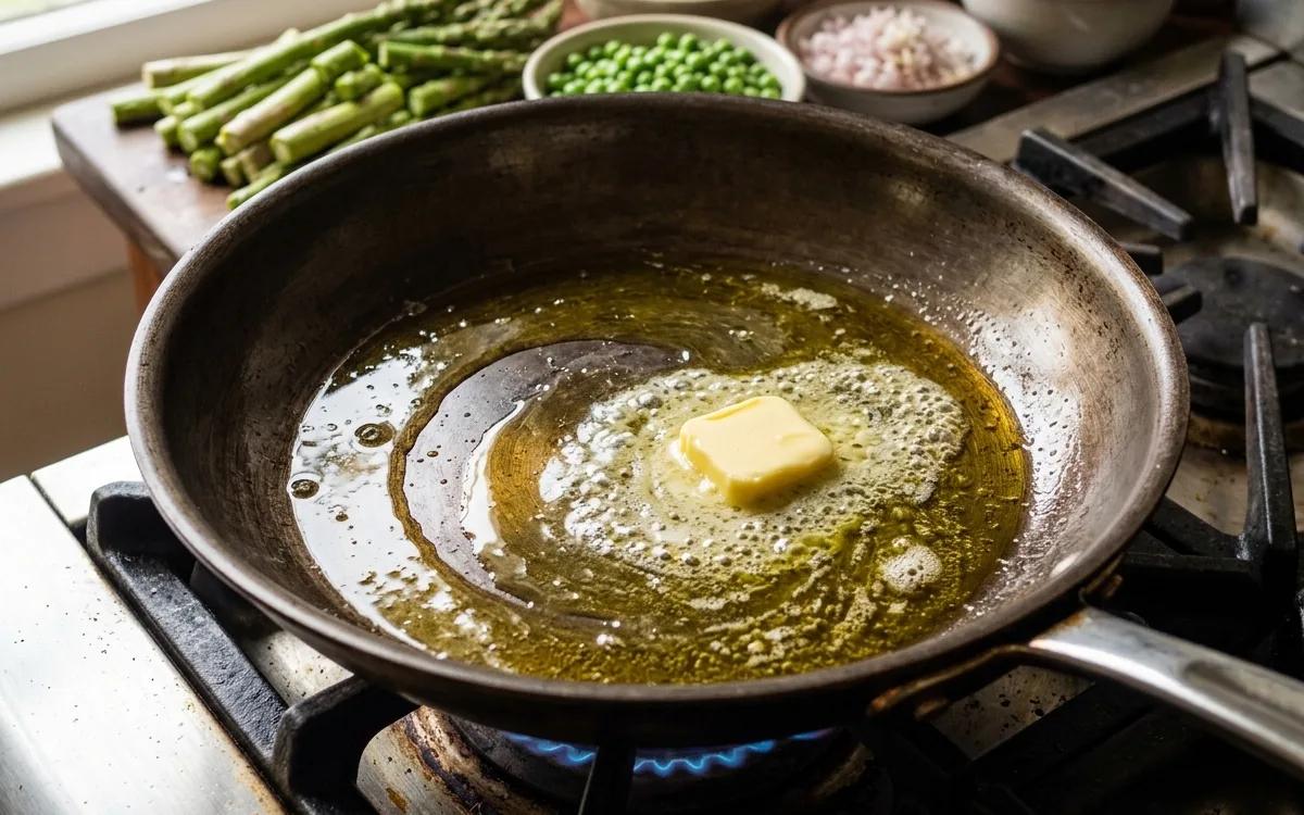 Step 2: Heat the olive oil and one tablespoon of butter in a large s
