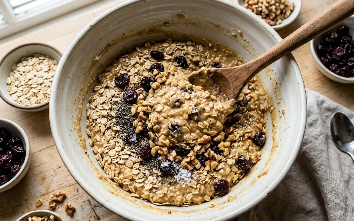 Step 3: Fold in the rolled oats, chia seeds, salt, dried cherries, a