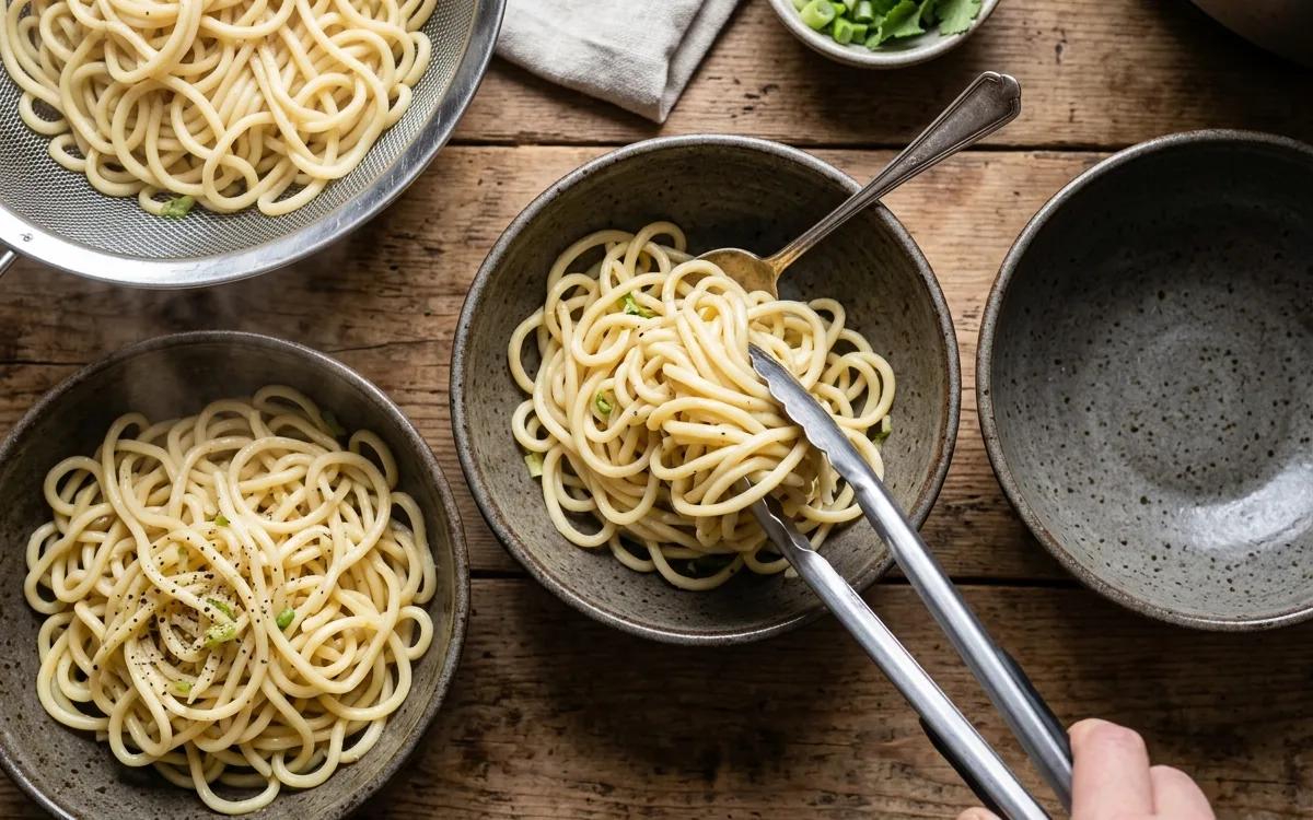 Step 6: Divide the cooked noodles into serving bowls.