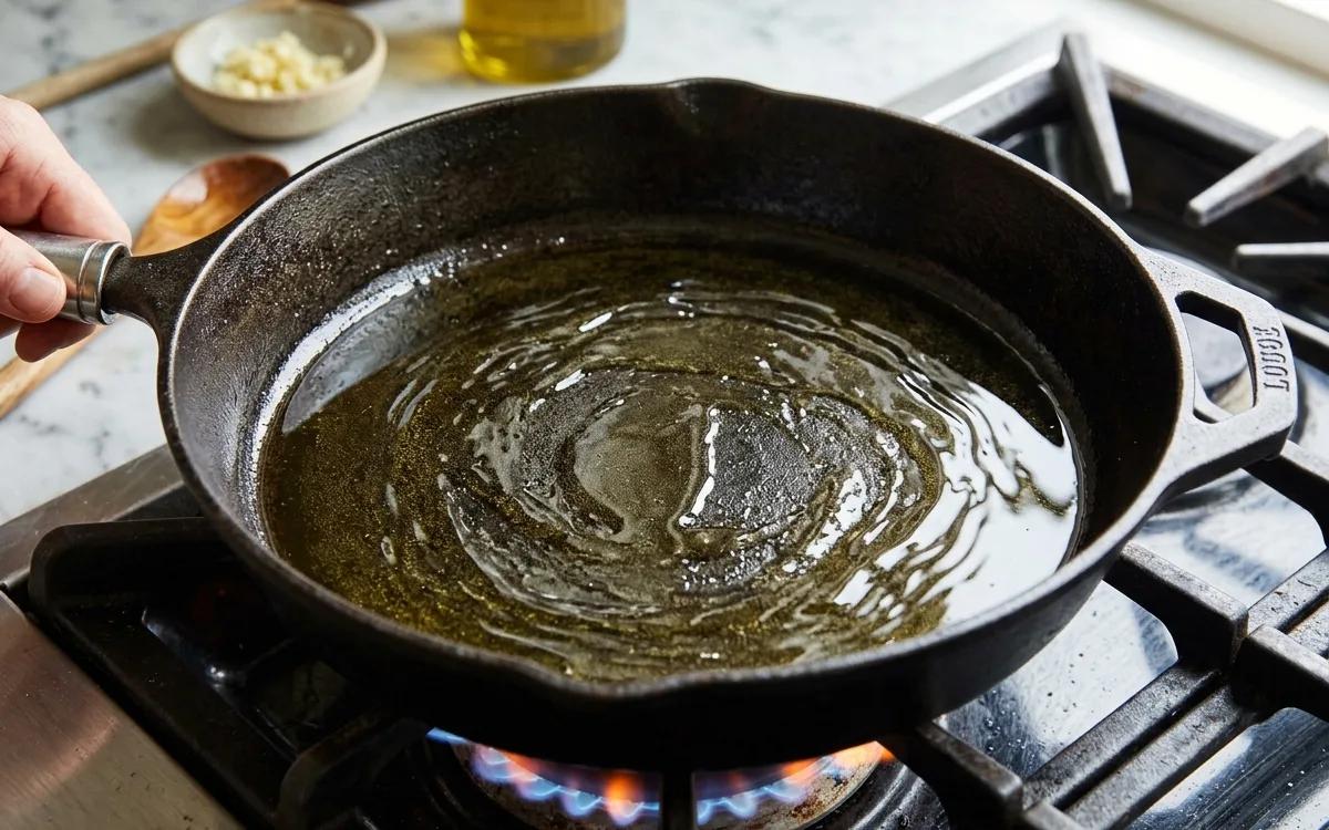 Step 3: Heat olive oil in a skillet over medium-high heat until shim