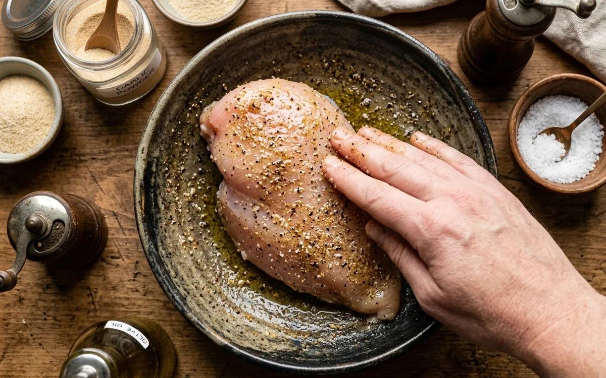 Step 2: Rub the chicken with olive oil, garlic powder, onion powder,