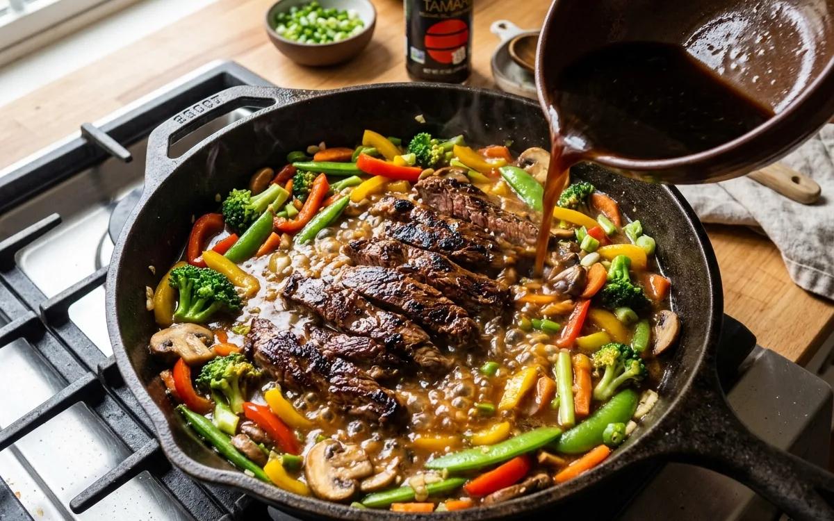 Step 8: Return the beef to the pan along with the broth and the rest