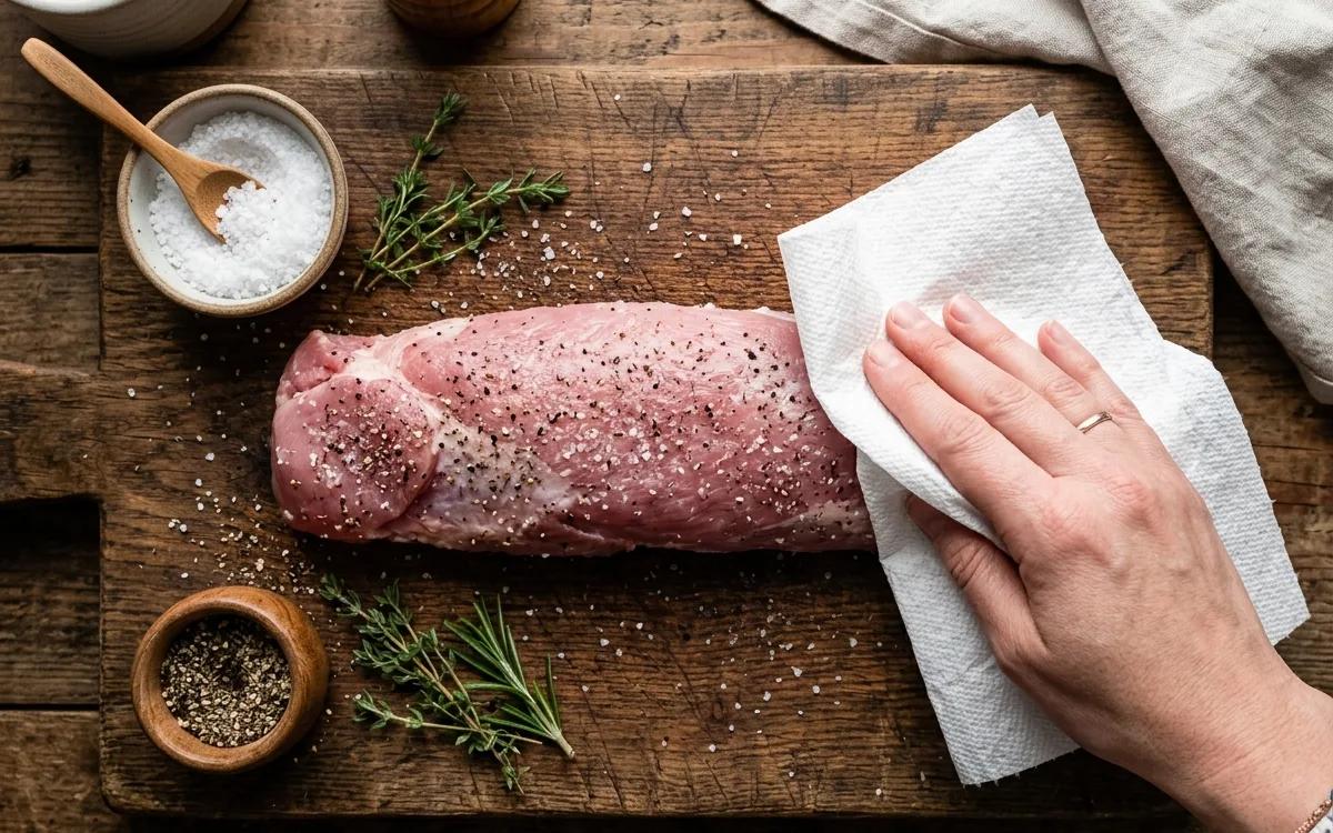 Step 4: Pat the pork tenderloin dry with paper towels and season eve