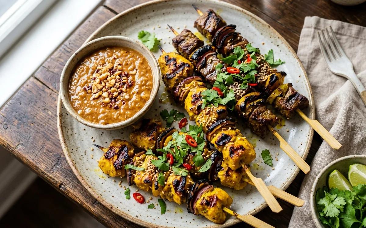 Easy Grilled Chicken and Beef Sates with Peanut Sauce — Asian dinner recipe