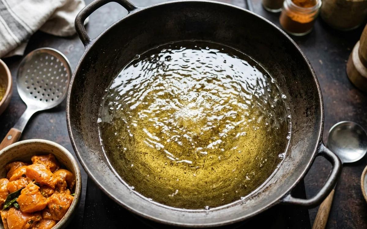 Step 5: Heat the vegetable oil in a deep pan over medium-high heat u