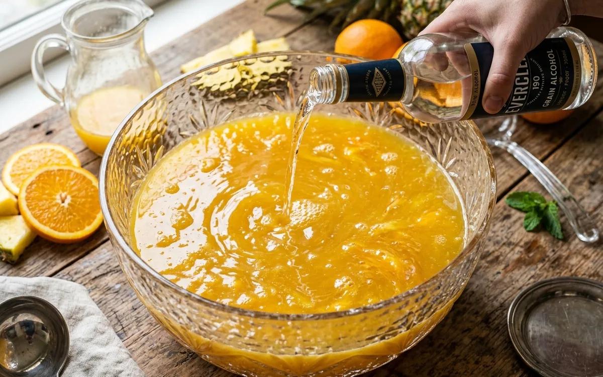 Step 2: Combine the Everclear, pineapple juice, and orange juice in 