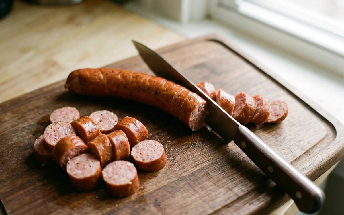 Step 1: Slice the sausage links into one-inch rounds.