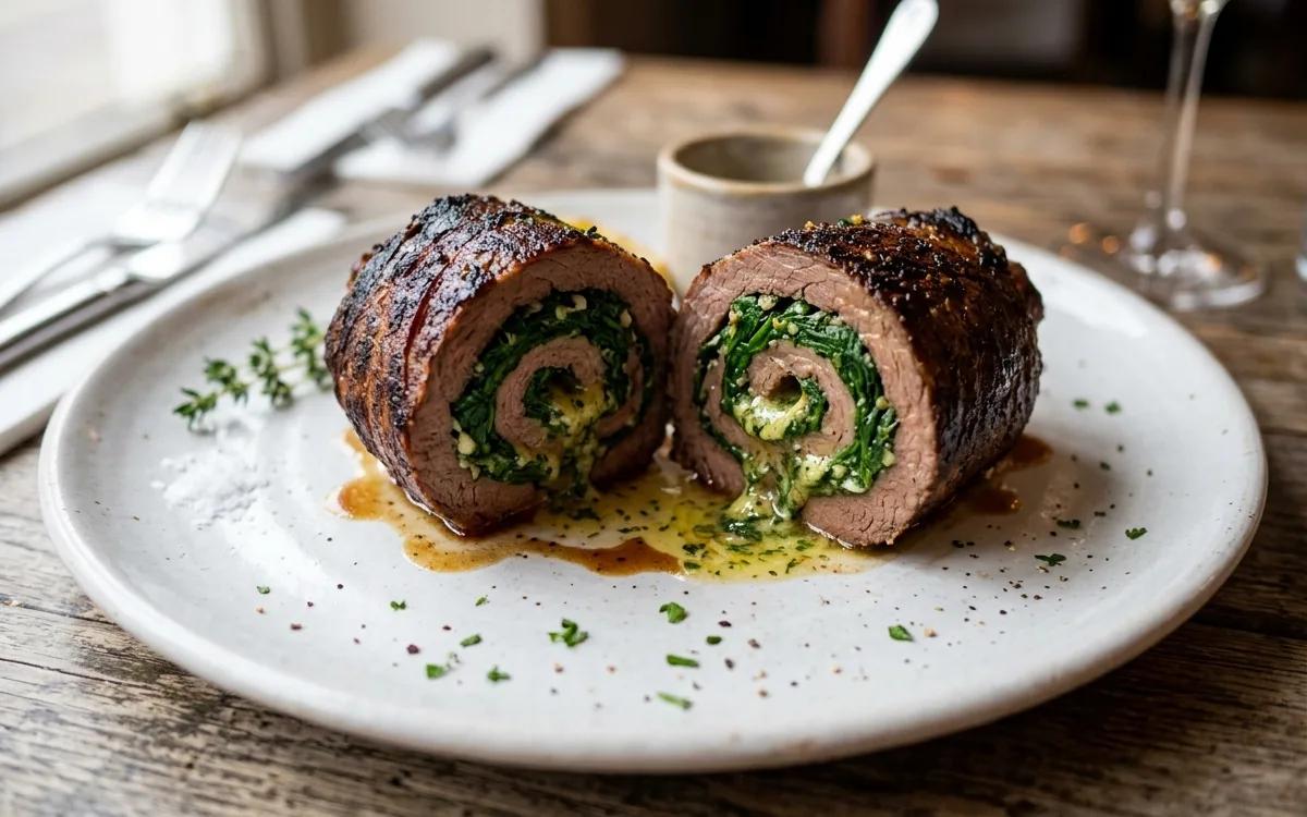 Classic Beef Filet Roulade with Spinach and Garlic Herb Butter — French dinner recipe