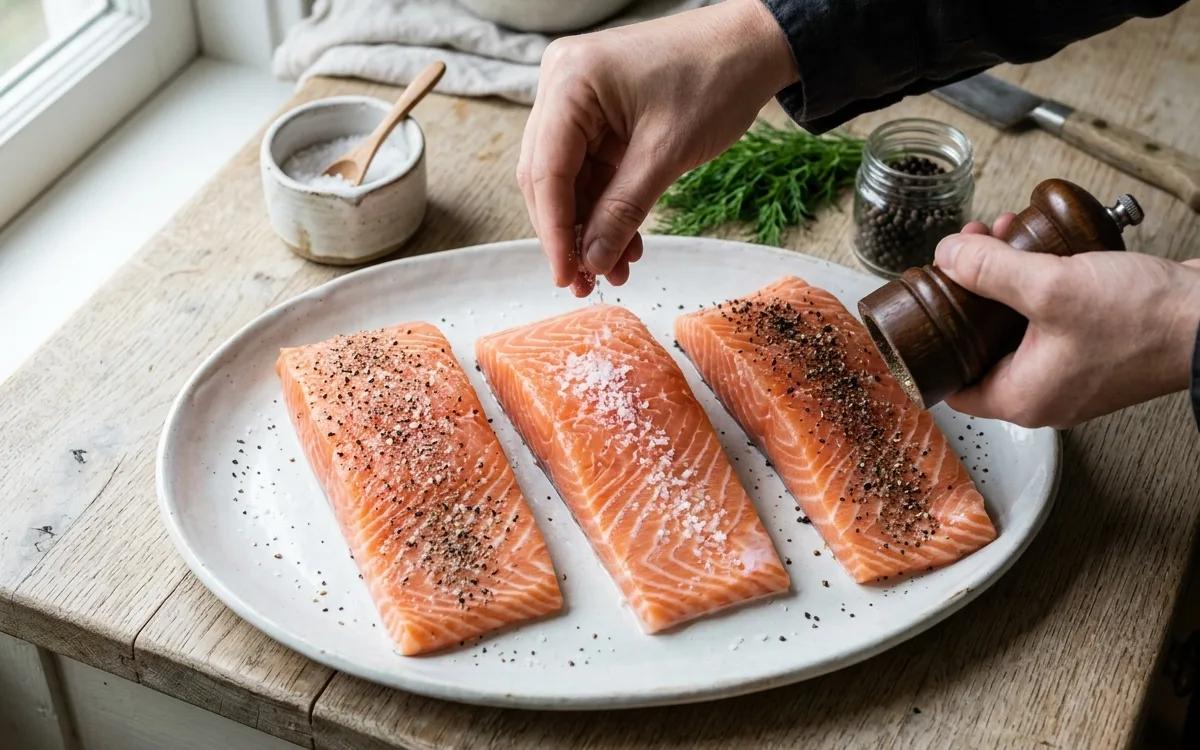 Step 2: Season the flesh side of the salmon with salt and pepper.