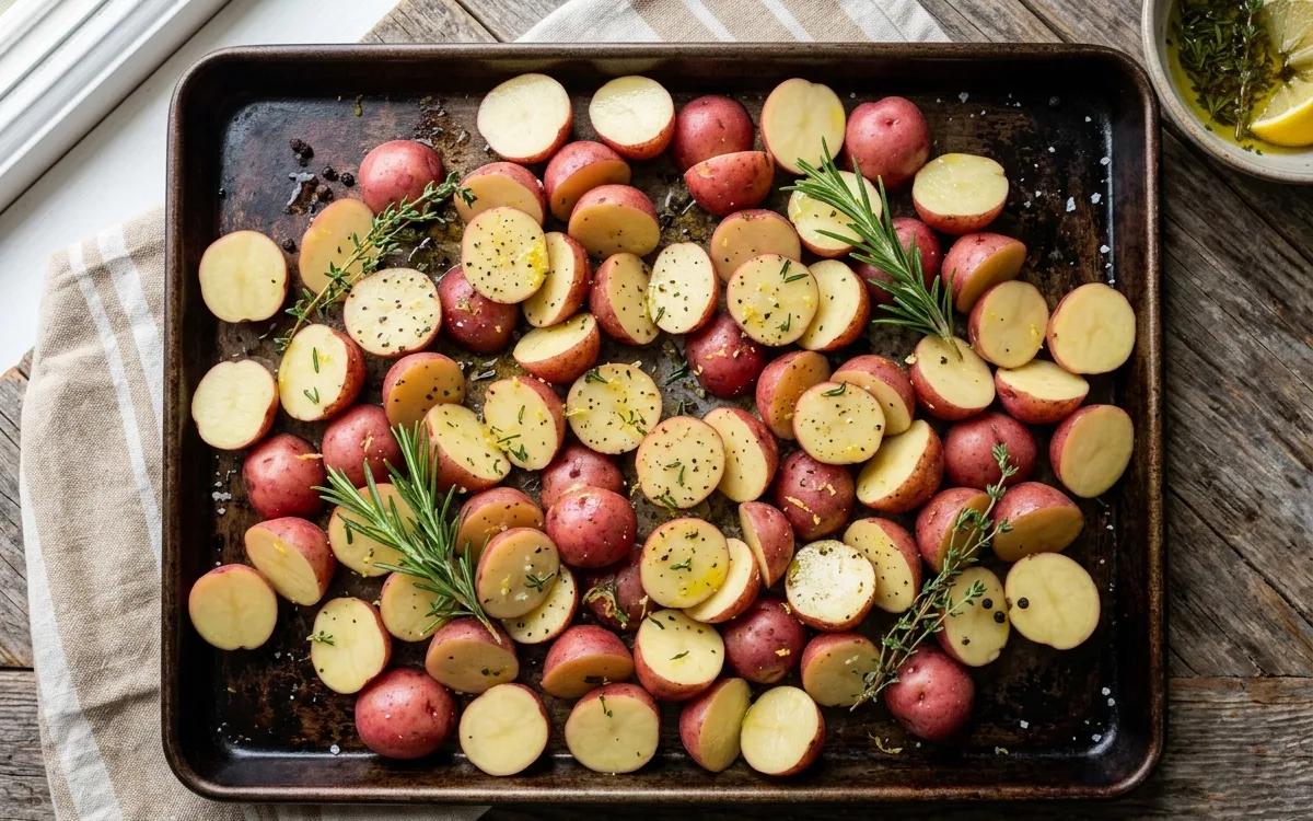 Step 2: Place the halved potatoes on a large rimmed baking sheet.