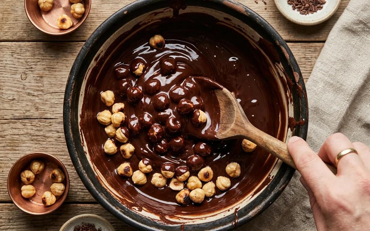 Step 6: Remove from heat and fold the toasted hazelnuts into the cho