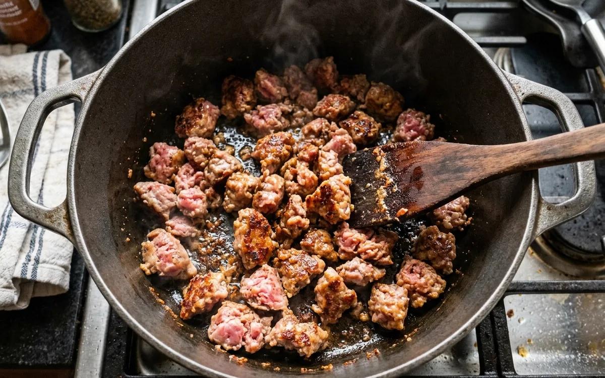 Step 1: Brown the sausage in a large pot or Dutch oven over medium-h