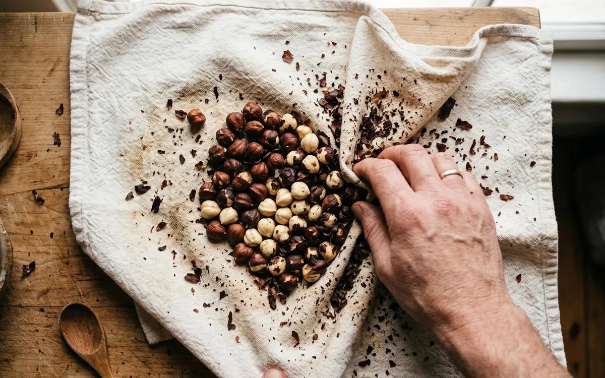 Step 4: Transfer the hot nuts to a clean kitchen towel and rub them