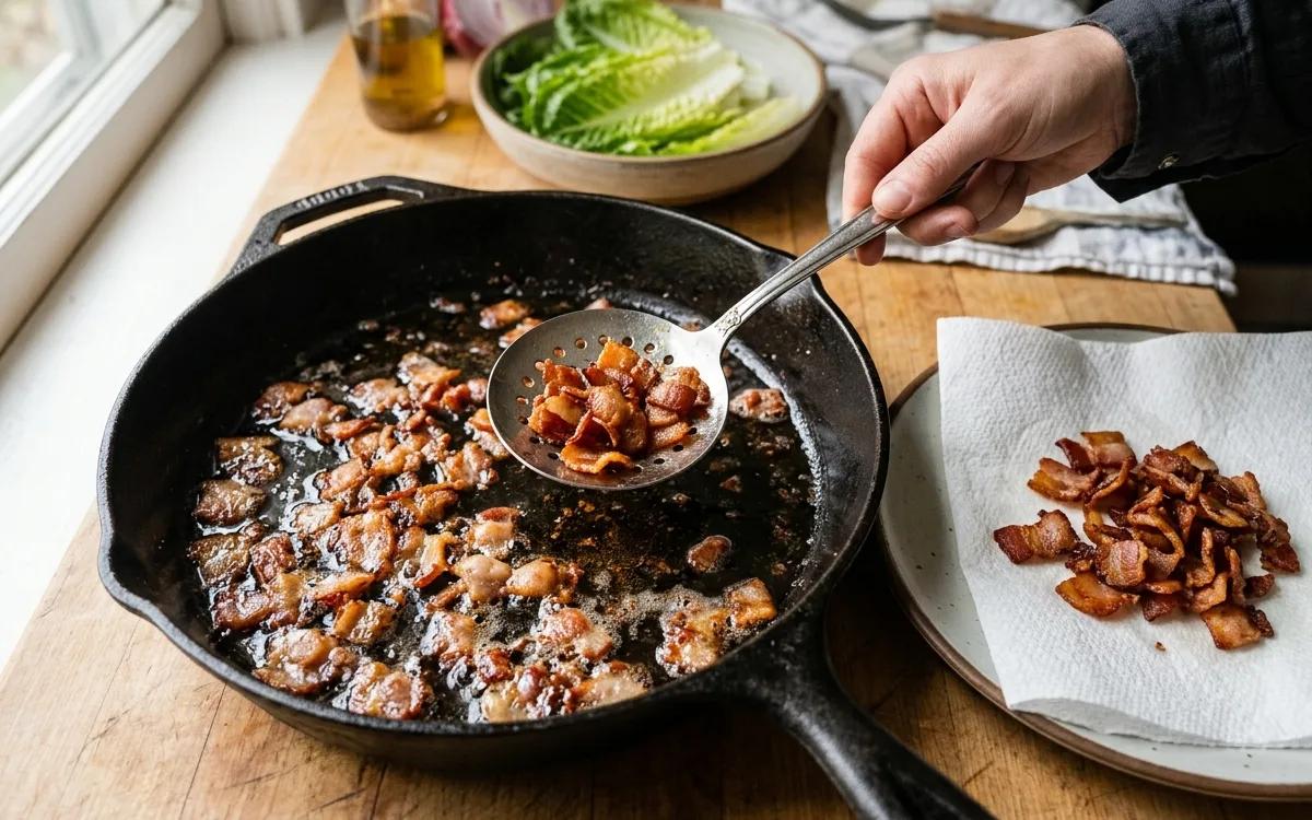 Step 2: Cook bacon until crisp, then remove pieces with a slotted sp
