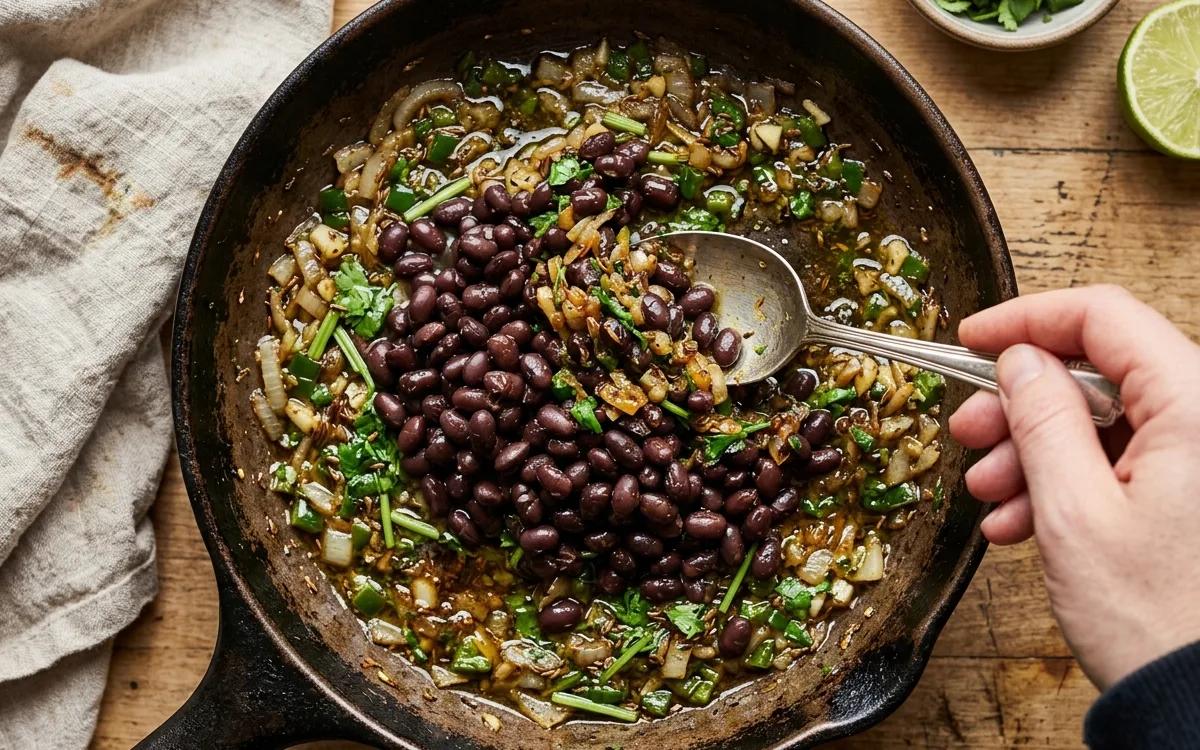 Step 4: Pour in the drained black beans and stir well to coat them i