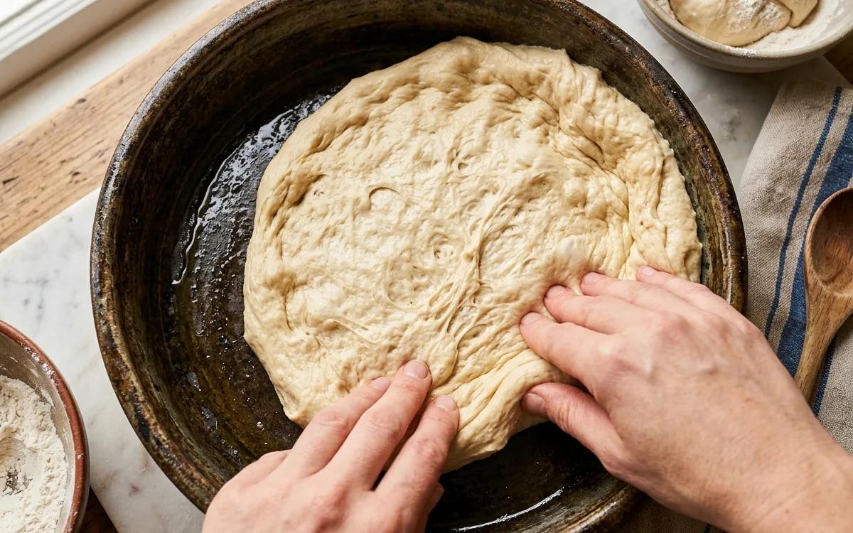 Step 4: Press the pizza dough into the bottom and up the sides of th
