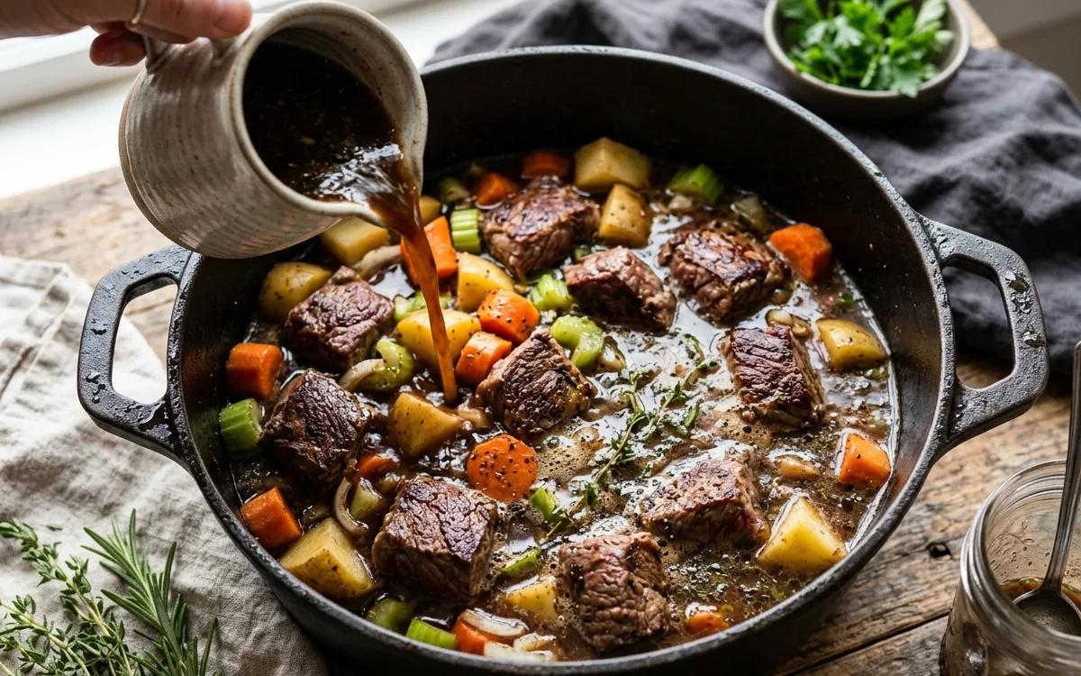 Step 6: Pour the liquid mixture over the beef and vegetables.