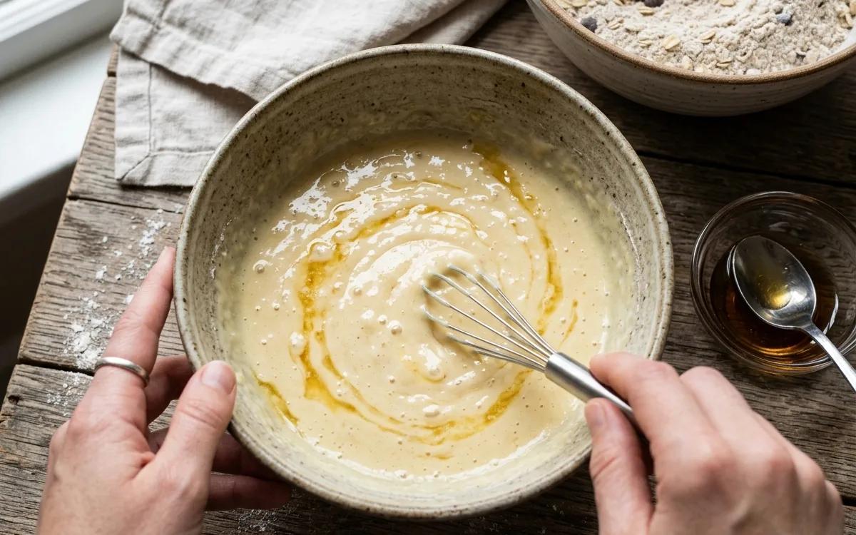 Step 3: In a separate medium bowl, combine the yogurt, honey, eggs, 