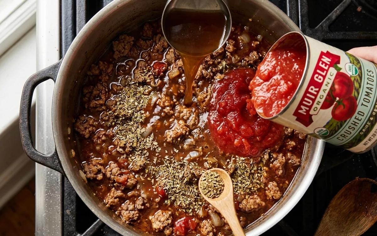 Step 4: Pour in the beef broth, crushed tomatoes, and dried oregano.