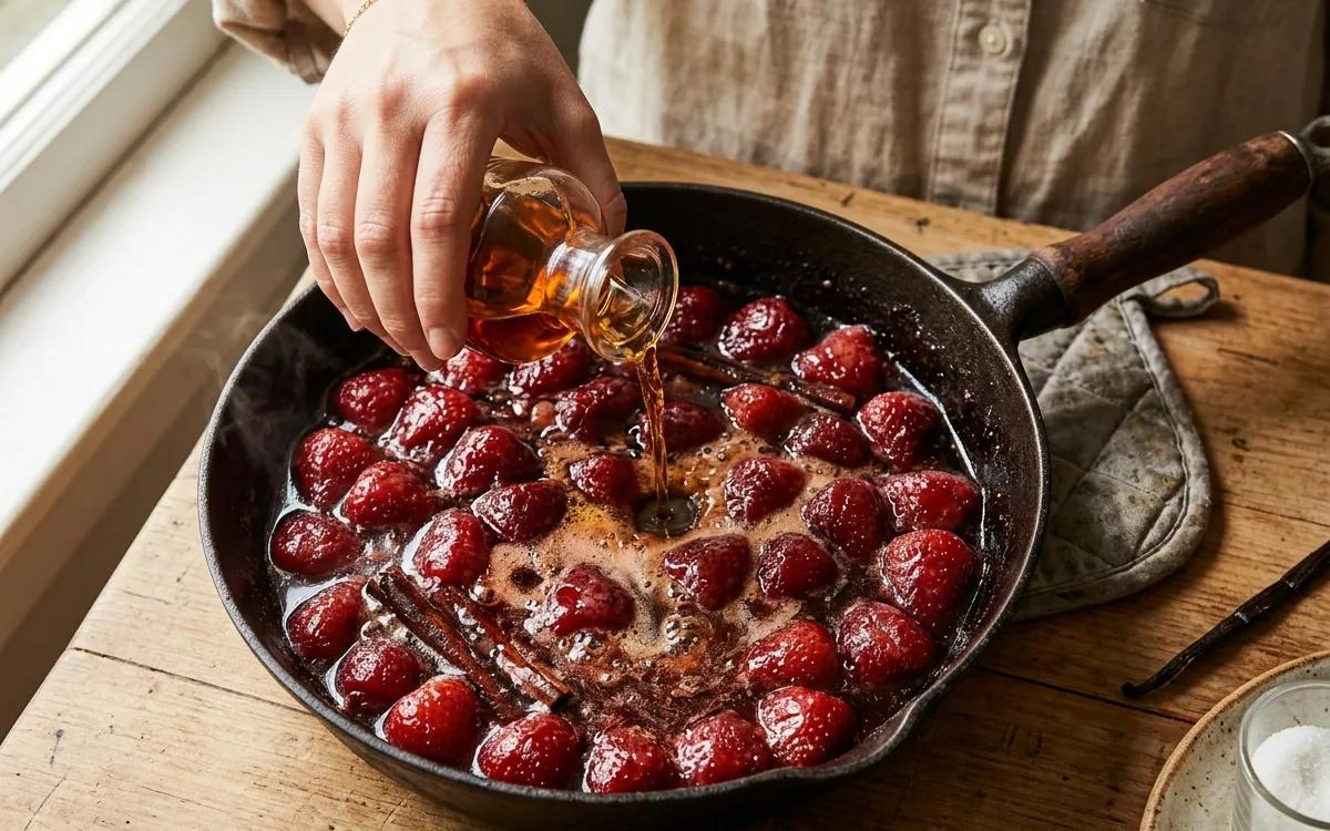 Step 4: Remove the skillet from the heat and pour in the brandy.