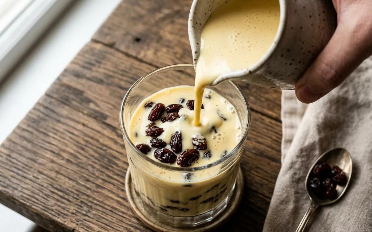 Step 8: Pour the egg nog over the raisins and serve chilled.