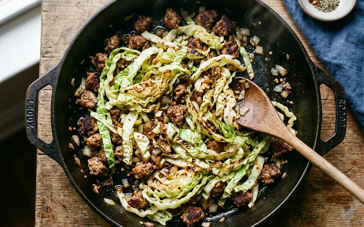 Step 6: Add the sliced cabbage to the skillet and sauté for 8-10 min