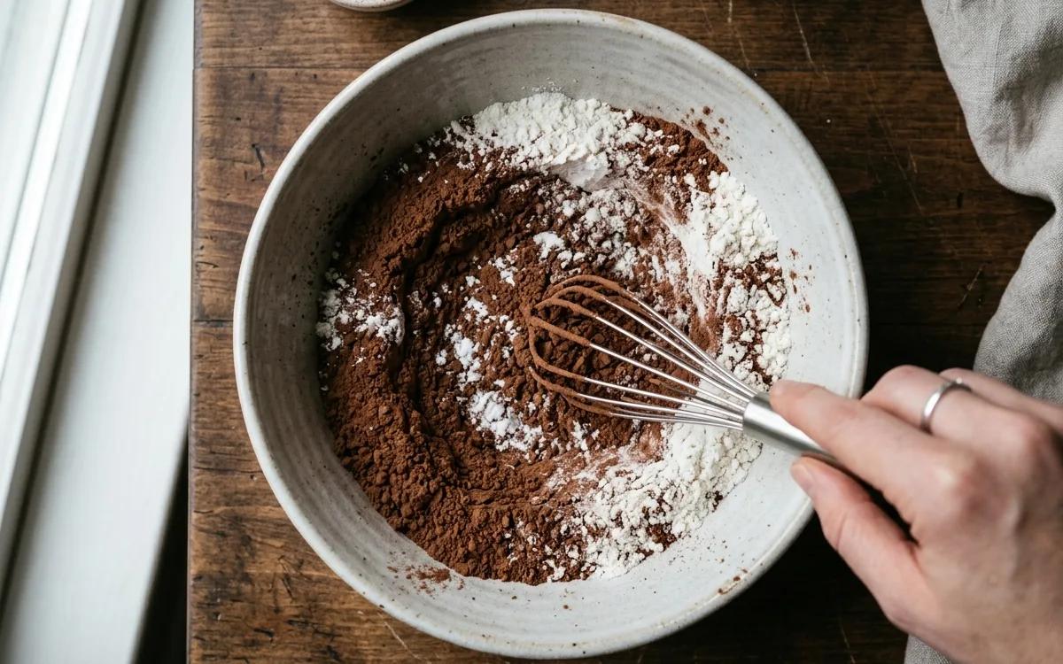 Step 1: Whisk together the flour, cocoa powder, baking powder, and s