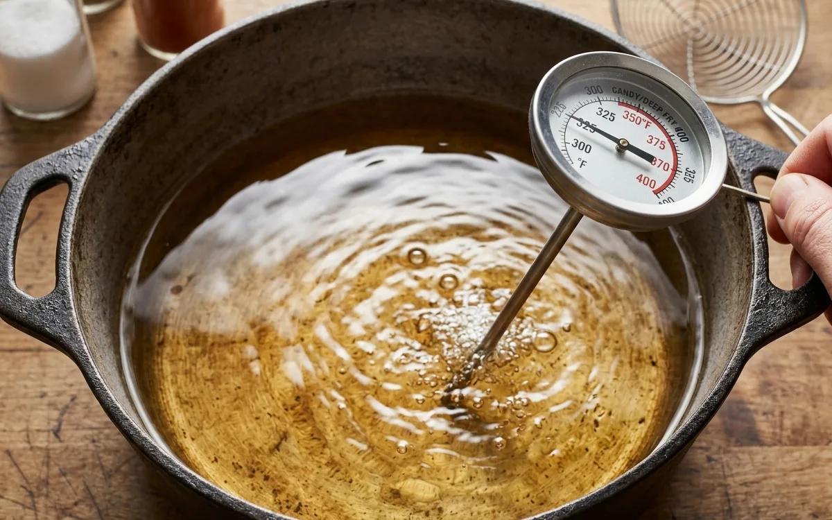 Step 5: Heat the vegetable oil in a heavy-bottomed pot to 350 degree