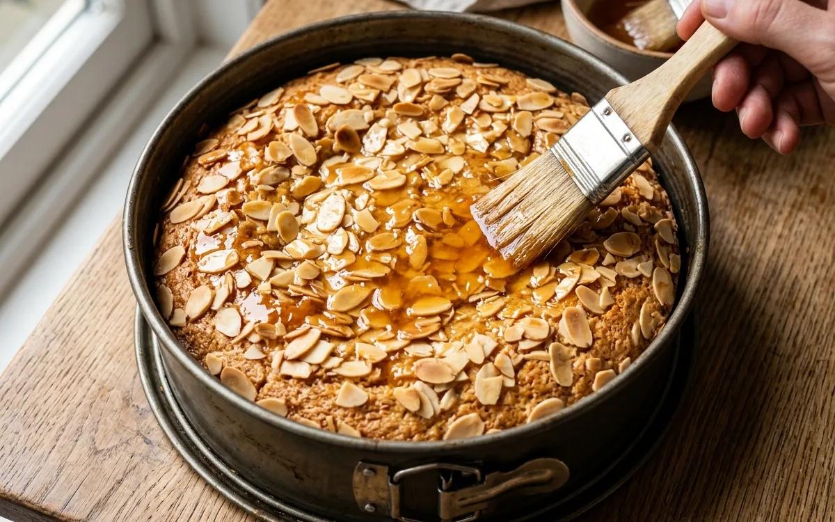 Step 9: Brush the warm glaze over the top of the cake while it is st