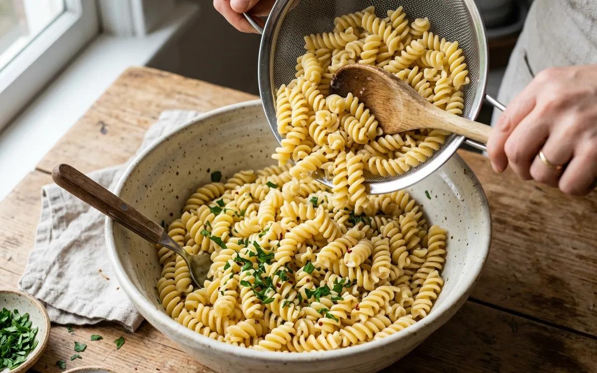 Step 3: Transfer the cooled pasta to a large mixing bowl.