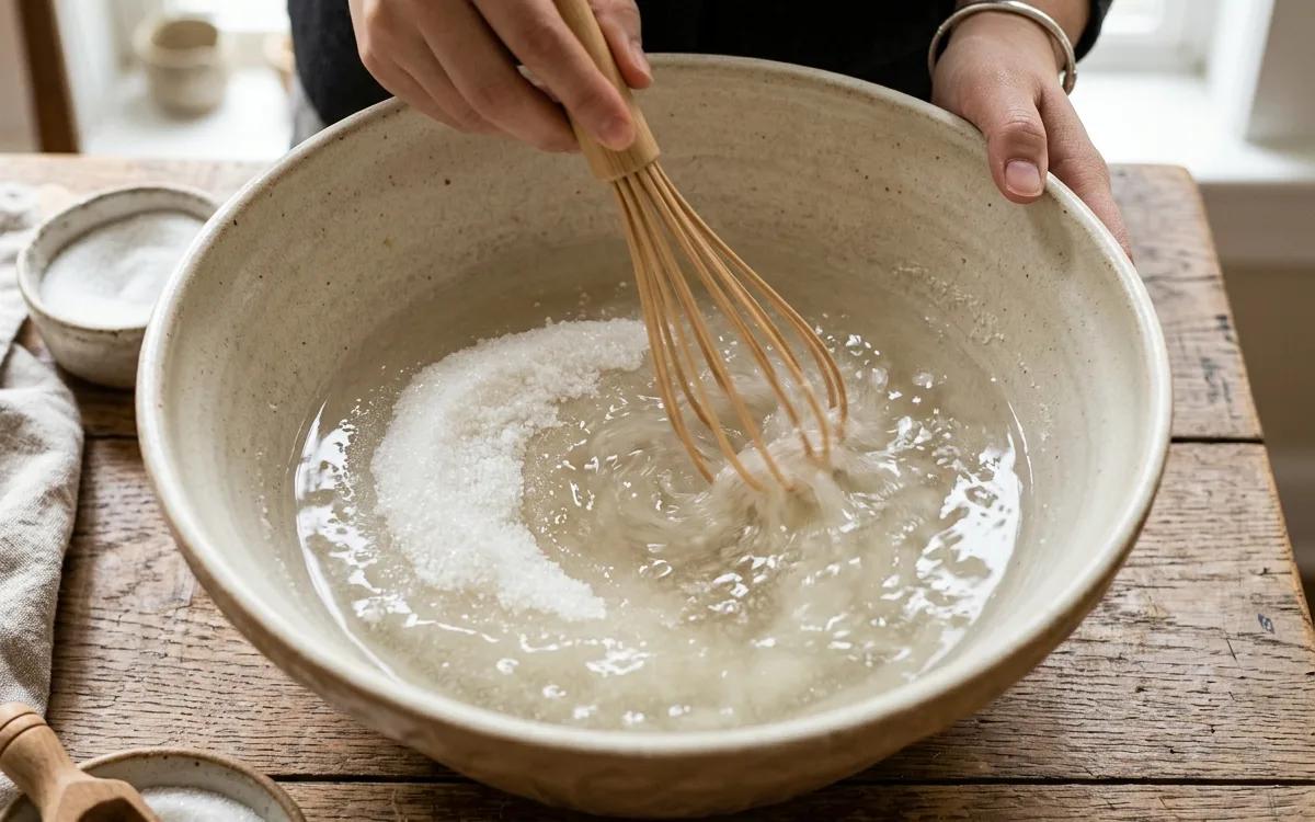Step 1: Dissolve the sugar in warm water in a large mixing bowl.