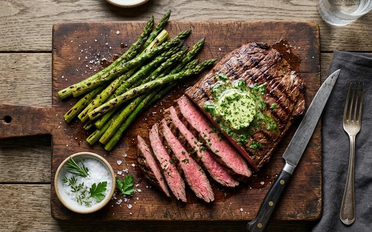 Grilled Flank Steak and Asparagus with Chimichurri Butter — American dinner recipe