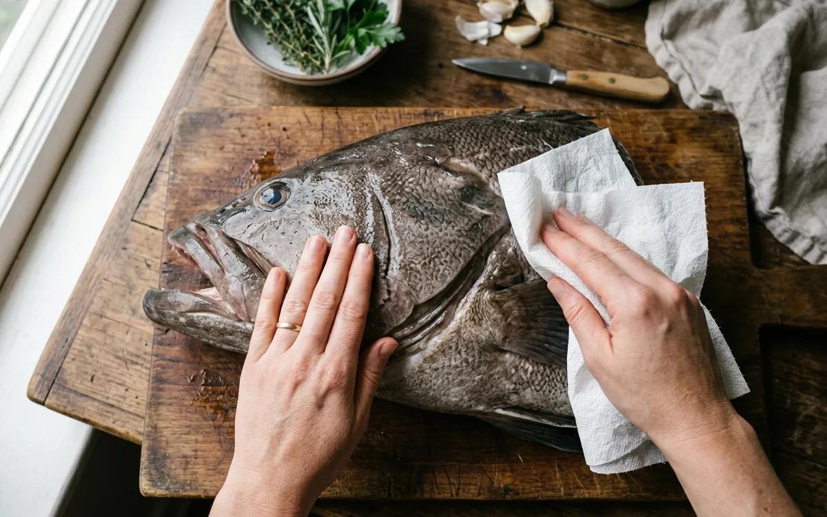 Step 2: Pat the grouper head dry with paper towels to ensure it brow