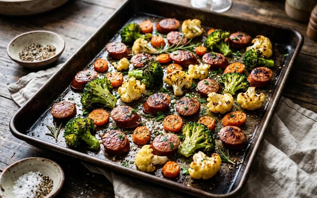 Sheet Pan Kielbasa with Roasted Broccoli, Cauliflower, and Carrots — American dinner recipe