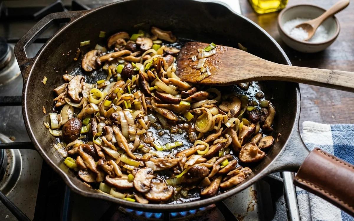 Step 4: Sauté sliced leeks and mushrooms in a skillet over medium he